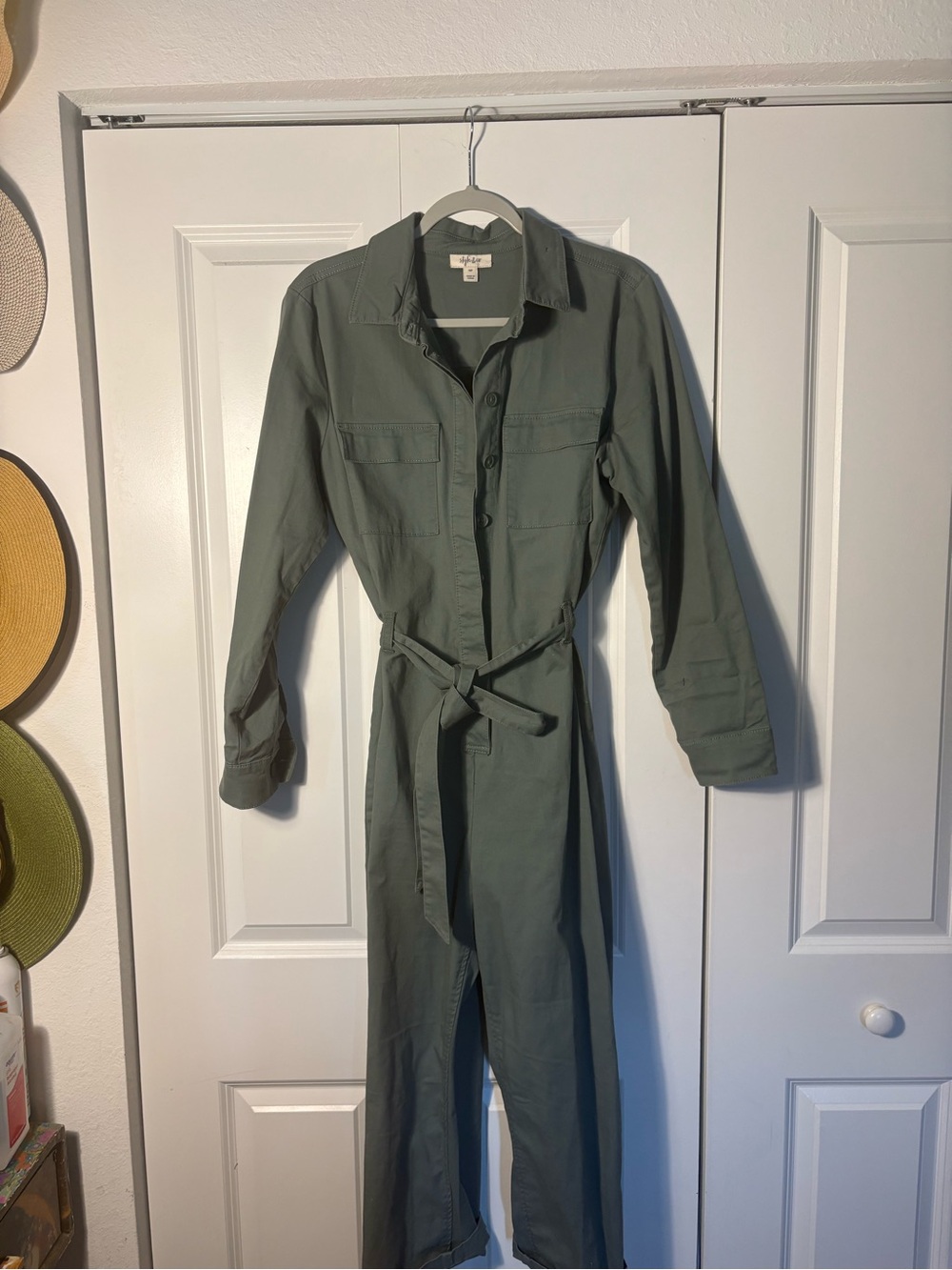 STYLE AND COMPANY Utility Jumpsuit in Olive Green/Blue